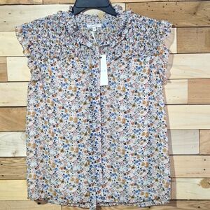 Pleione Floral Smocked Tie Neck Flutter Sleeve Boho Cottagecore  Lined Sz XS